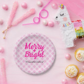 Pink tartan Christmas Merry Bright Family name ペーパープレート (パーティー)