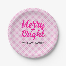 Pink tartan Christmas Merry Bright Family name ペーパープレート