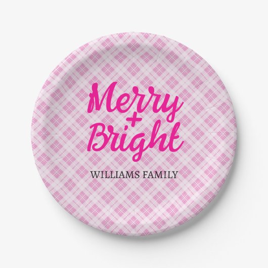 Pink tartan Christmas Merry Bright Family name ペーパープレート (正面)