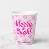 Pink tartan Christmas Merry Bright Family name 紙コップ (正面)
