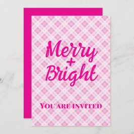 Pink tartan Christmas Party holidays Merry Bright 招待状