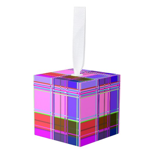 Pink tartan Fabric Pattern Cloth Madras キューブオーナメント (正面アングル)