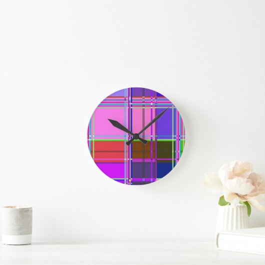 Pink tartan Fabric Pattern Cloth Madras ラウンド壁時計 (ホーム)