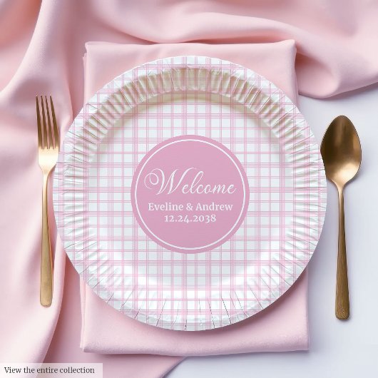Pink Tartan Paper Plates Chic Custom Name Birthday ペーパープレート