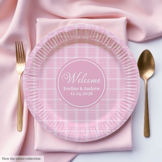 Pink Tartan Paper Plates Modern Monogram Wedding ペーパープレート