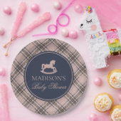 Pink Tartan Plaid Rocking Horse Baby Shower ペーパープレート (パーティー)