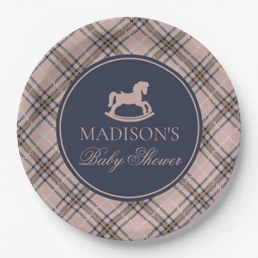 Pink Tartan Plaid Rocking Horse Baby Shower ペーパープレート (正面)