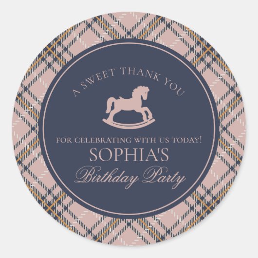 Pink Tartan Plaid Rocking Horse Birthday Favor ラウンドシール (正面)