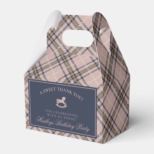 Pink Tartan Plaid Rocking Horse Birthday Favor Box フェイバーボックス (正面サイド)