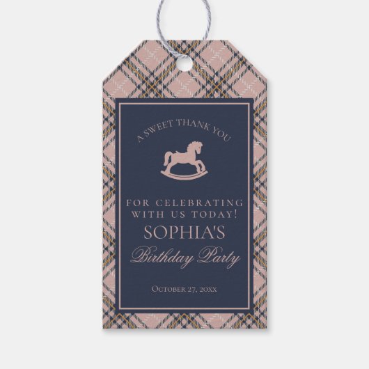 Pink Tartan Plaid Rocking Horse Birthday Favors ギフトタグ (正面)