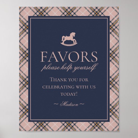 Pink Tartan Plaid Rocking Horse Favors Sign ポスター (正面)