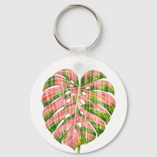 Pink Tartan Scottish Monstera Watercolour Botanic キーホルダー (正面)