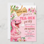 Pink Tea Rex On The Loose Girl Birthday 招待状 (正面)