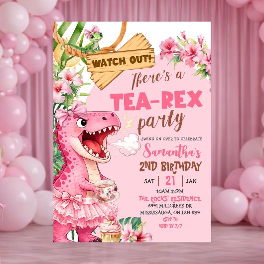 Pink Tea Rex On The Loose Girl Birthday 招待状