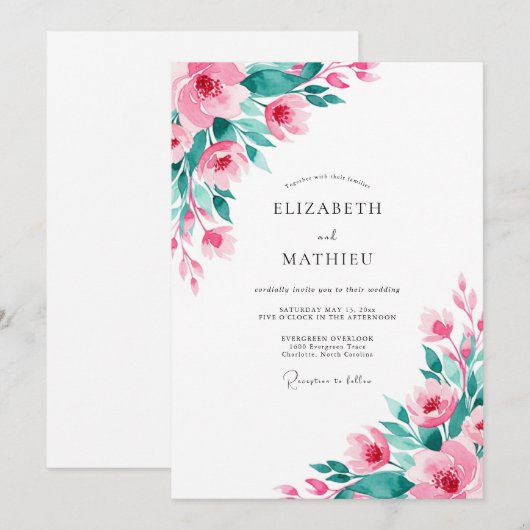 Pink Teal Atmospheric Spring Wedding 招待状 (正面/裏面)