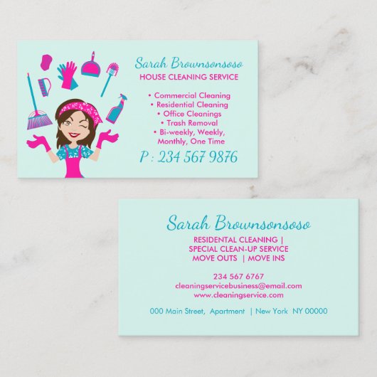 Pink teal Cartoon House Cleaning Service 名刺 (正面/裏面)