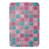 Pink Teal Glitter Mosaic Sparkling Glass Tile Grid バスマット (正面縦)