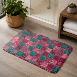 Pink Teal Glitter Mosaic Sparkling Glass Tile Grid バスマット