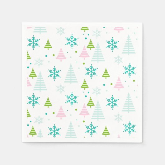 Pink Teal Green Trees Modern Christmas  スタンダードカクテルナプキン (正面)
