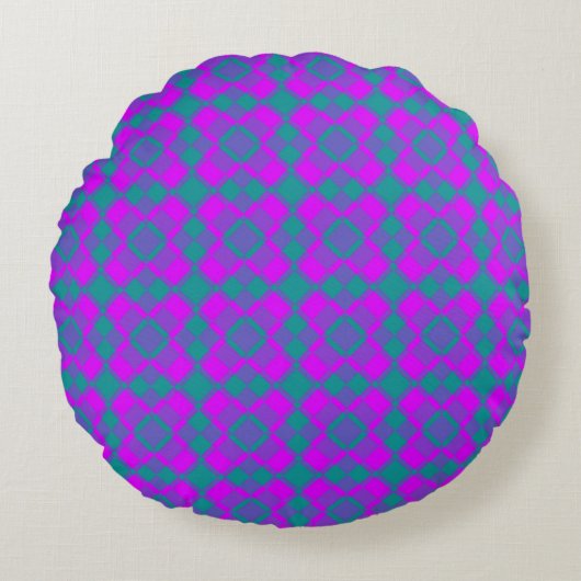Pink Teal Purple Checker Argyle Pattern ラウンドクッション (正面)