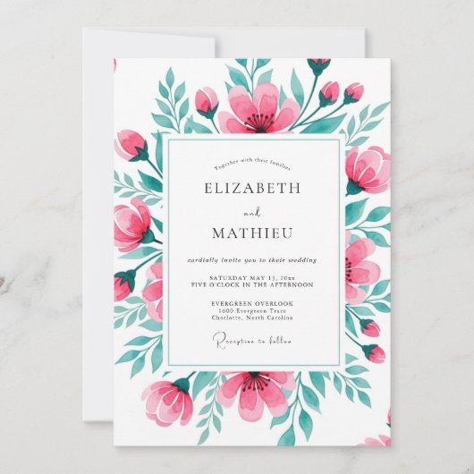 Pink Teal Vibrant Botanical Wedding 招待状 (正面)