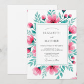 Pink Teal Vibrant Botanical Wedding 招待状 (正面/裏面)