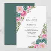 Pink Teal Watercolor Spring Wedding 招待状 (正面/裏面)