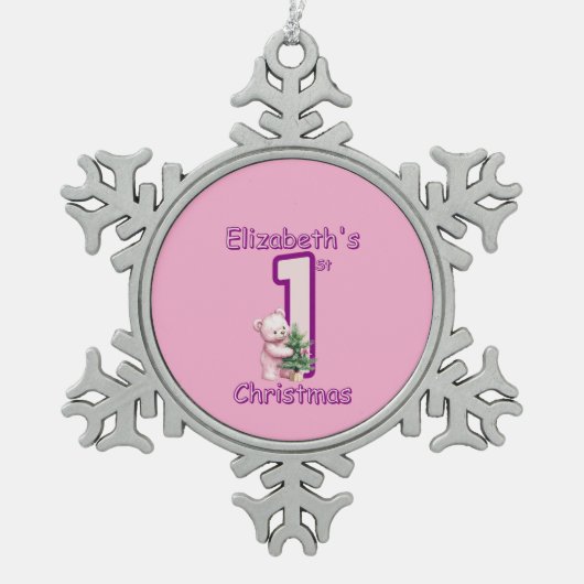 Pink Teddies First Christmas Cheer! スノーフレークピューターオーナメント (正面)