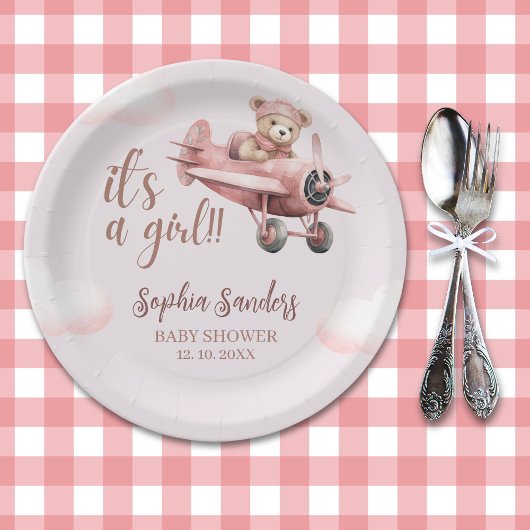 Pink Teddy Baby Shower for a Girl ペーパープレート