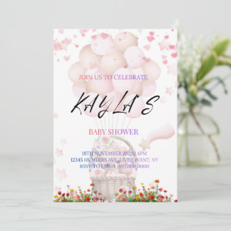 Pink Teddy Bear and Balloons Baby Shower Invite 案内状