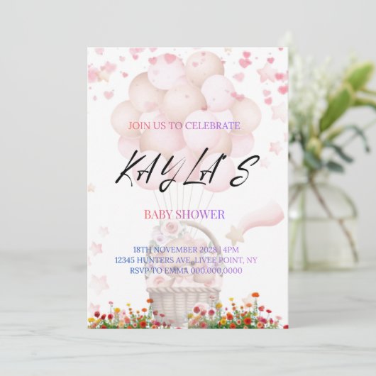 Pink Teddy Bear and Balloons Baby Shower Invite 案内状 (スタンド正面)