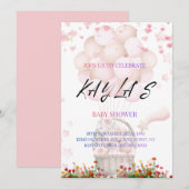 Pink Teddy Bear and Balloons Baby Shower Invite 案内状 (正面/裏面)