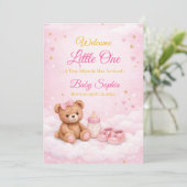 Pink Teddy Bear Baby Girl Birth Announcement Card 招待状 (スタンド正面)