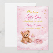 Pink Teddy Bear Baby Girl Birth Announcement Card 招待状 (正面/裏面)