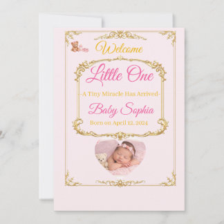 Pink Teddy Bear Baby Girl Birth Announcement Card 招待状