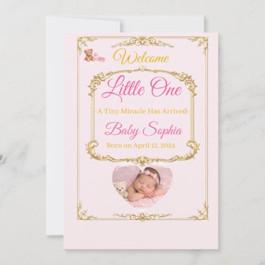 Pink Teddy Bear Baby Girl Birth Announcement Card 招待状 (正面)