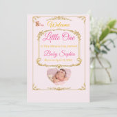 Pink Teddy Bear Baby Girl Birth Announcement Card 招待状 (スタンド正面)