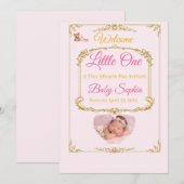Pink Teddy Bear Baby Girl Birth Announcement Card 招待状 (正面/裏面)