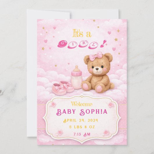 Pink Teddy Bear Baby Girl Birth Announcement Card 招待状 (正面)