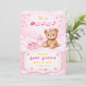 Pink Teddy Bear Baby Girl Birth Announcement Card 招待状 (スタンド正面)