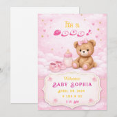 Pink Teddy Bear Baby Girl Birth Announcement Card 招待状 (正面/裏面)