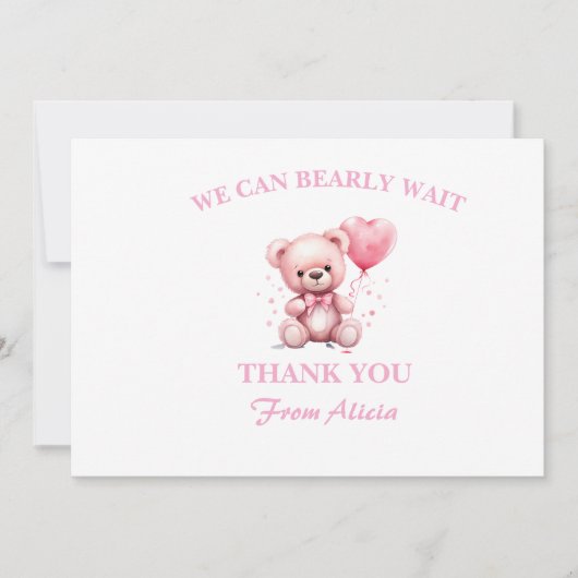 Pink Teddy Bear Baby Shower サンキューカード (正面)