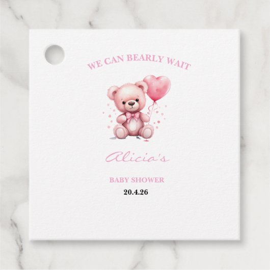 Pink Teddy Bear Baby Shower フェイバータグ (正面)