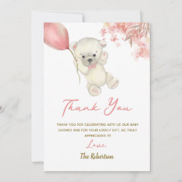 Pink Teddy Bear Baby Shower | Floral Baby Girl サンキューカード