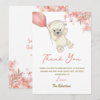 Pink Teddy Bear Baby Shower | Floral Baby Girl サンキューカード