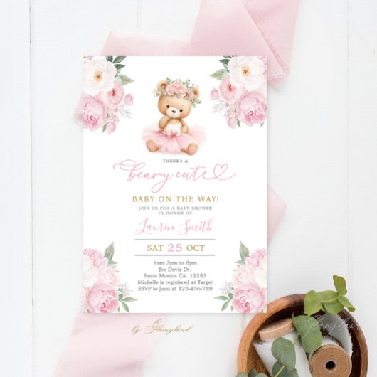 Pink Teddy Bear Baby Shower Girl 招待状