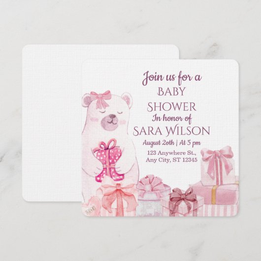 Pink Teddy Bear Baby Shower Invitation 招待状 (正面/裏面)