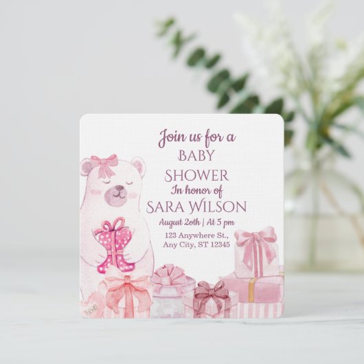 Pink Teddy Bear Baby Shower Invitation 招待状 (スタンド正面)