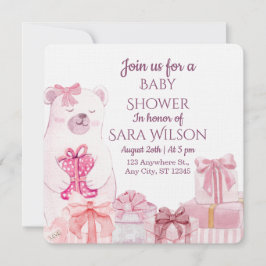 Pink Teddy Bear Baby Shower Invitation 招待状