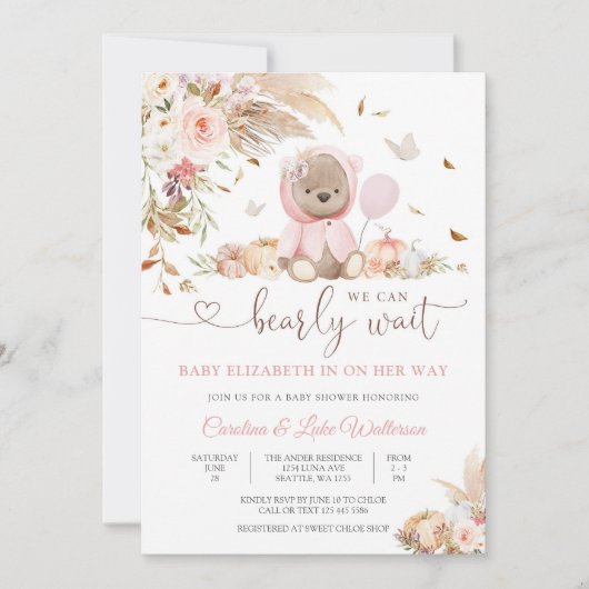 Pink Teddy Bear Baby Shower Invitation 招待状 (正面)